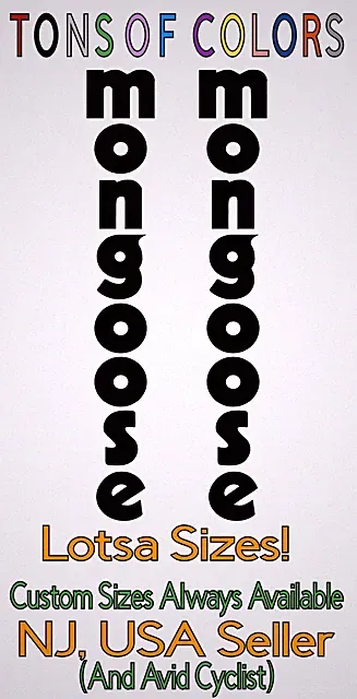 2 Mongoose Bikes VERTICAL Die Cut Vinyl Decals For Forks, Seat Tube, etc