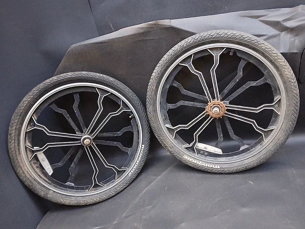 2 UNTESTED Mongoose BMX 20" Mag Bike Wheels Bicycle Rims WORN Tires AS IS PARTS