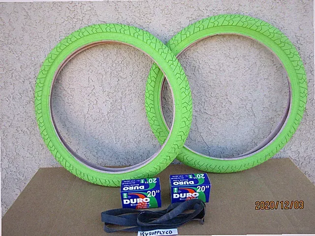 NEW 20'' X 1.95 BICYCLE GREEN TIRES , TUBES & LINERS FOR BMX, GT, MONGOOSE